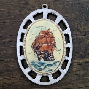 Antique Scrimshaw sailboat Bone Pendant